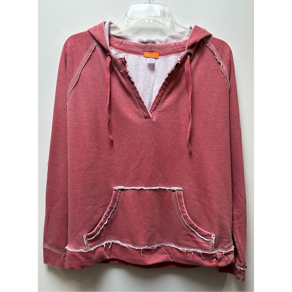 Lucy women’s distressed pink hoodie kangaroo front pocket size Large #41-1026